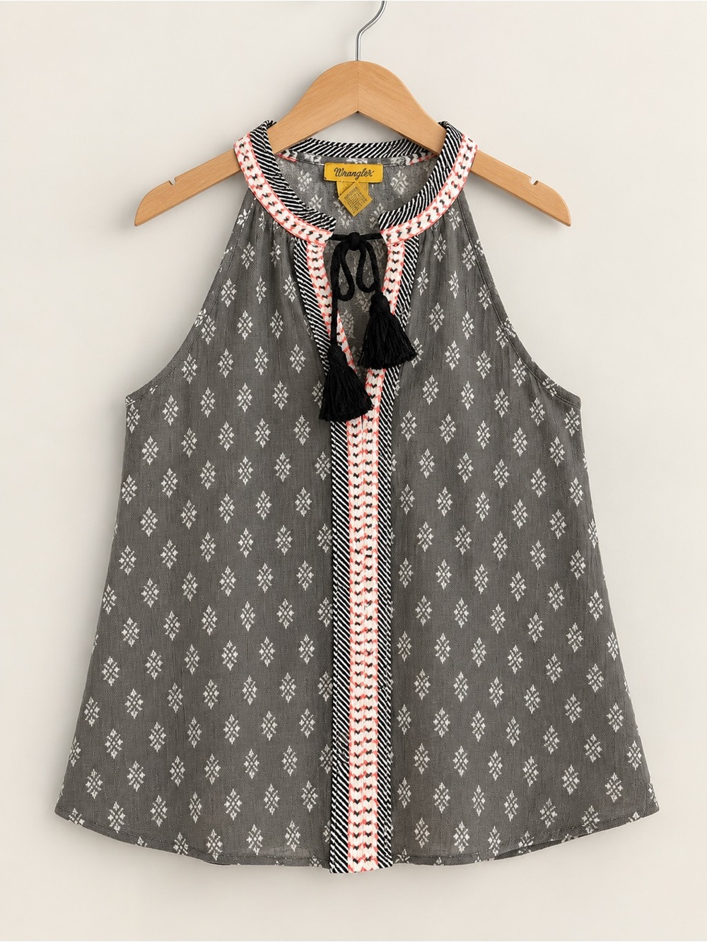 Wrangler Gray Boho Print Tassel Tie Sleeveless Top Size Medium